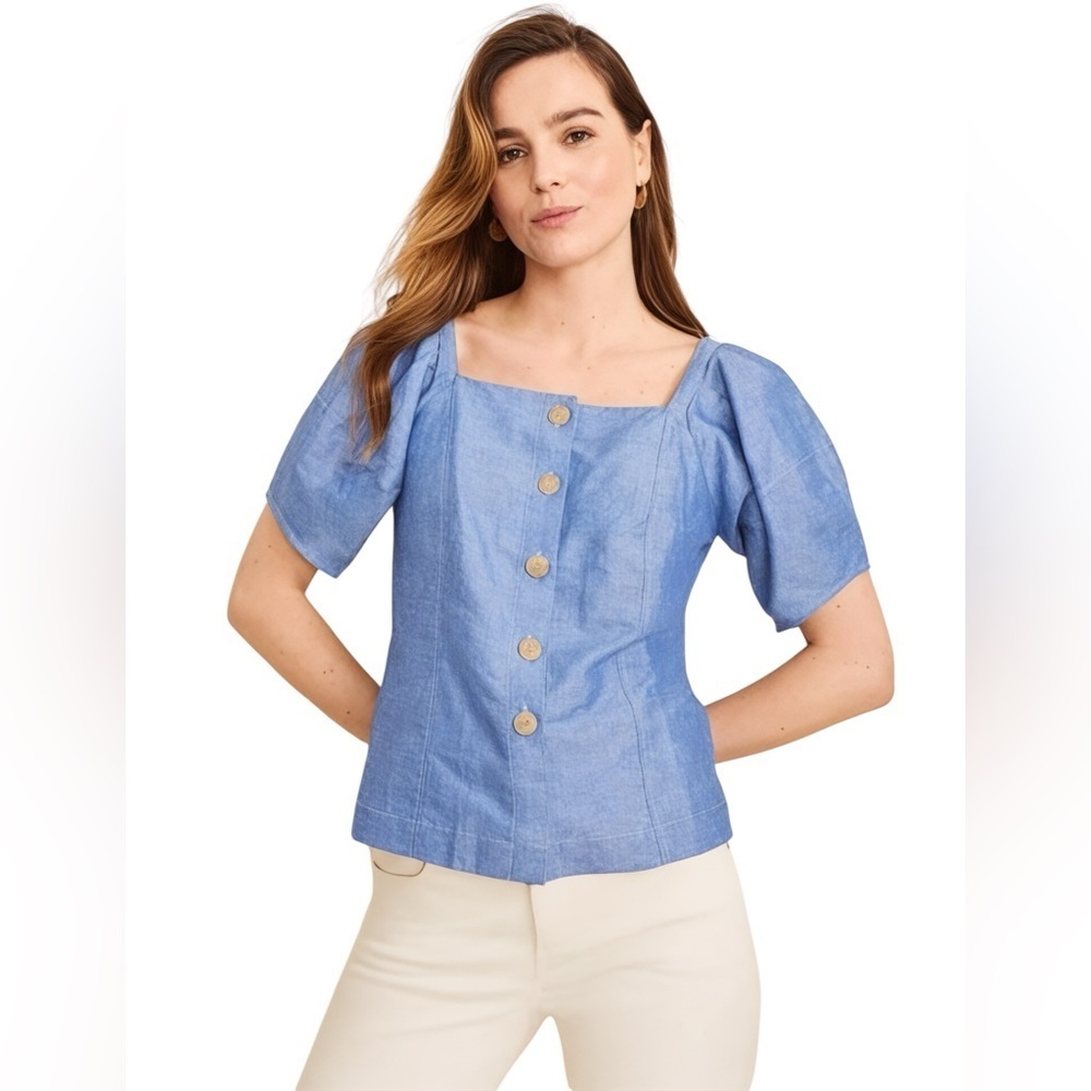 Ann Taylor Women’s Chambray Linen Blend Puff Sleeve Button Front Top Sz SP